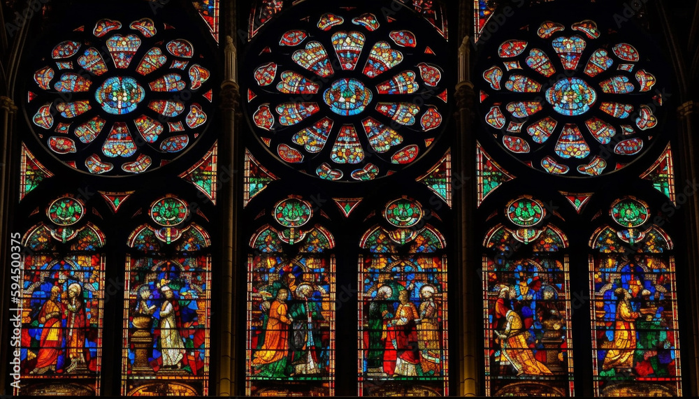 Stained glass window depicts religious saint praying generated by AI