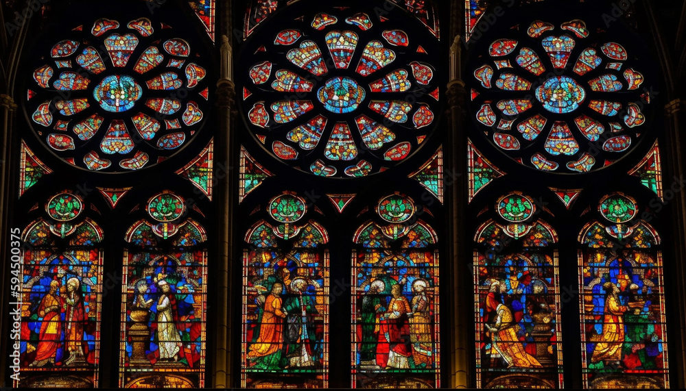 Stained glass window depicts religious saint praying generated by AI Stained glass window depicts religious saint praying generated by AI
