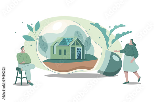 Sustainable natural energy smart home in a light bulb, Alternative power supply, Clean green power from renewable sources concept. Vector design illustration.