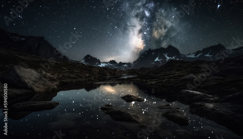 Mountain peak majestically reflects starry Milky Way generated by AI
