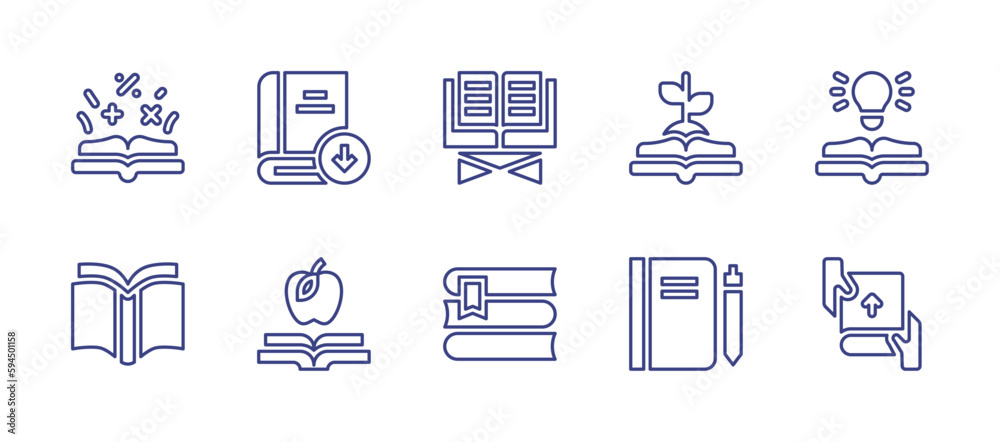 Books line icon set. Editable stroke. Vector illustration. Containing maths, download, koran, growth, book, open book, books, notebook, hand over.