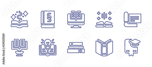 Books line icon set. Editable stroke. Vector illustration. Containing book, law, online store, open book, check book, growth, knowledge, books, graduation.