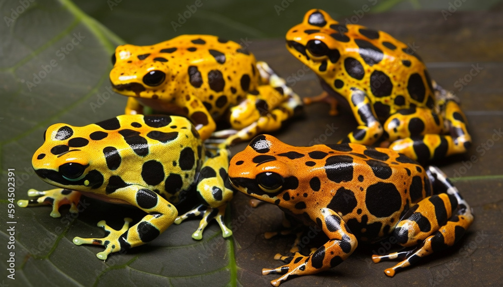 Fototapeta premium Spotted yellow poison arrow frog in focus generated by AI