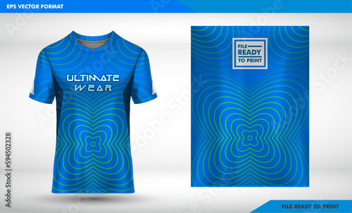 T-shirt sport blue spiral design template with abstract grunge pattern for soccer jersey. Sport uniform in front view. Vector Illustration