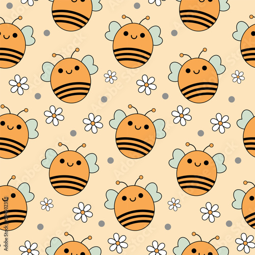 Canvastavla Childish pattern with cute kawaii little bee and flowers, kids print