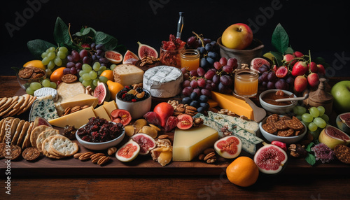 Fresh slices of gourmet cheese and fruit generated by AI