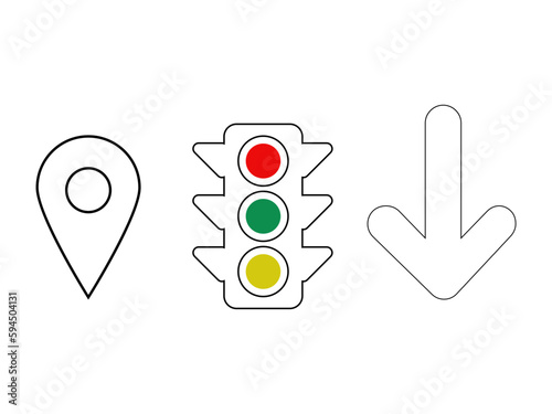 traffic lights icon outline, location and arrow icon, beautiful traffic signals design, black and white design art,