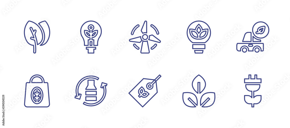 Ecology line icon set. Editable stroke. Vector illustration. Containing leaves, eco electric, wind turbine, environment, eco car, eco bag, recycling glass, eco tag, eco friendly fabric, eco.