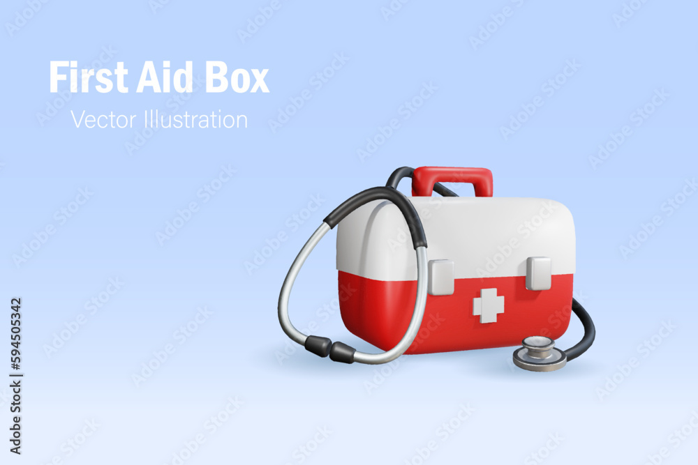 First aid box with stethoscope. Medical equipment and health emergency assistant kit. 3D vector. First aid box with stethoscope. Medical equipment and health emergency assistant kit. 3D vector.