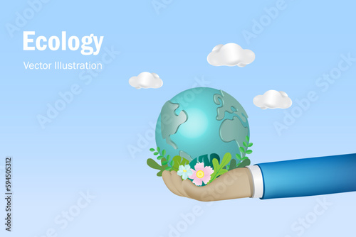 Businessman hand hold world with green and clean environment, Ecology protection for future generation, earth day concept.