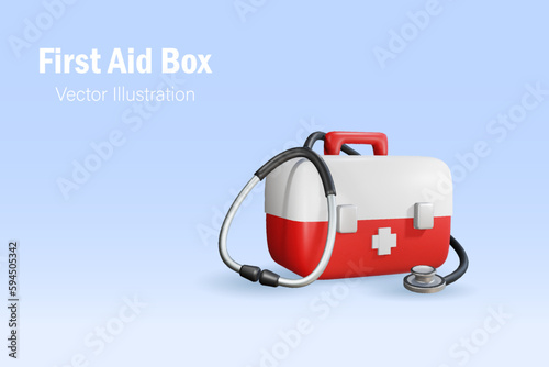 First aid box with stethoscope. Medical equipment and health emergency assistant kit. 3D vector.