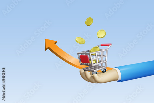 Businessman hand hold shopping grocery cart with expensive price. Growth of grocery sales. CPI, consumer price index, inflation and economic indicator concept. 3D vector.