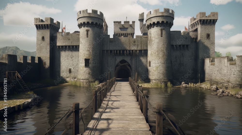 A detailed scene of a medieval castle, surrounded by a moat and tall