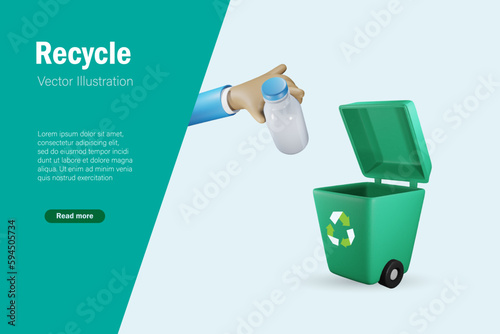 Businessman hand put plastic bottle in recycling garbage bin, rubbish bins.  Waste segregation management for sustainable environment. 3D realistic vector.