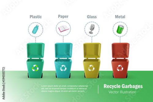 Recycling garbage bin sorting by material disposal in 4 colored rubbish bins for plastic, glass, paper and metal.  Waste segregation management for sustainable environment. 3D realistic vector.