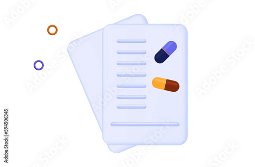 Prescription rx, pills and medicines 3d . Doctor's paper form, diagnosis, medical list with medications. The concept of prescribing a dose of pills, capsule. Electronic prescription treatment. Vector.