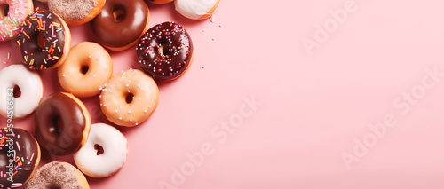 Sweet bright Donuts in various glazes and colored toppings on a trendy pink background. Sweet desserts, holiday National Donut Day photo