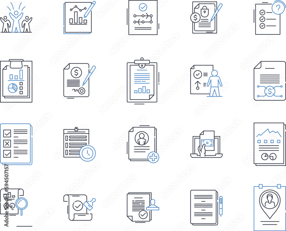 White papers line icons collection. Research, Analysis, Trends, Statistics, Insights, Findings, Solutions vector and linear illustration. Strategies,Innovation,Industry outline signs set
