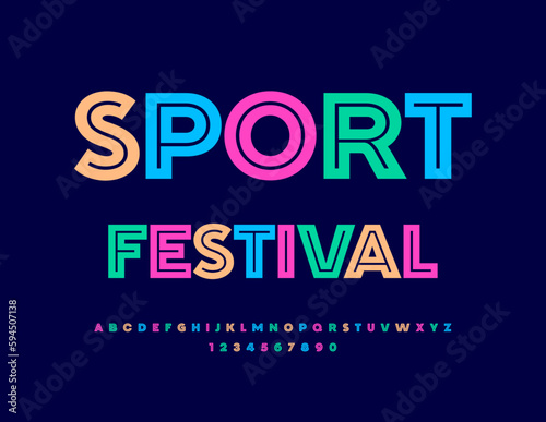 Vector bright poster Sport Festival. Modern Colorful font. Artistic Alphabet Letters and Numbers.