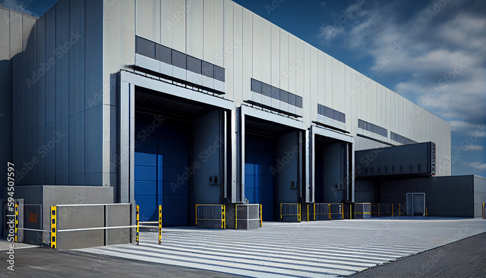Large distribution warehouse with gates for loading goods - obrazy, fototapety, plakaty 