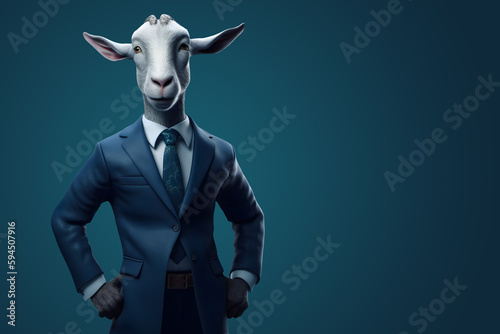 aanthropomorphism goat in a stylish blue business suit on blue background, an animal entrepreneur, business concept. copy space. generative ai