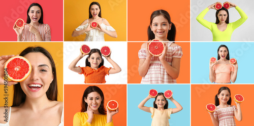 Collage of beautiful women and girls with fresh grapefruits on colorful background