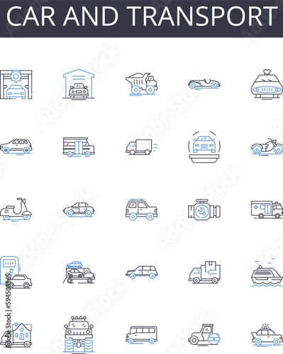 Car and transport line icons collection. Automobile, Vehicle, Truck, Van, Bus, Bike, Motorcycle vector and linear illustration. Scooter,Trailer,Camper outline signs set