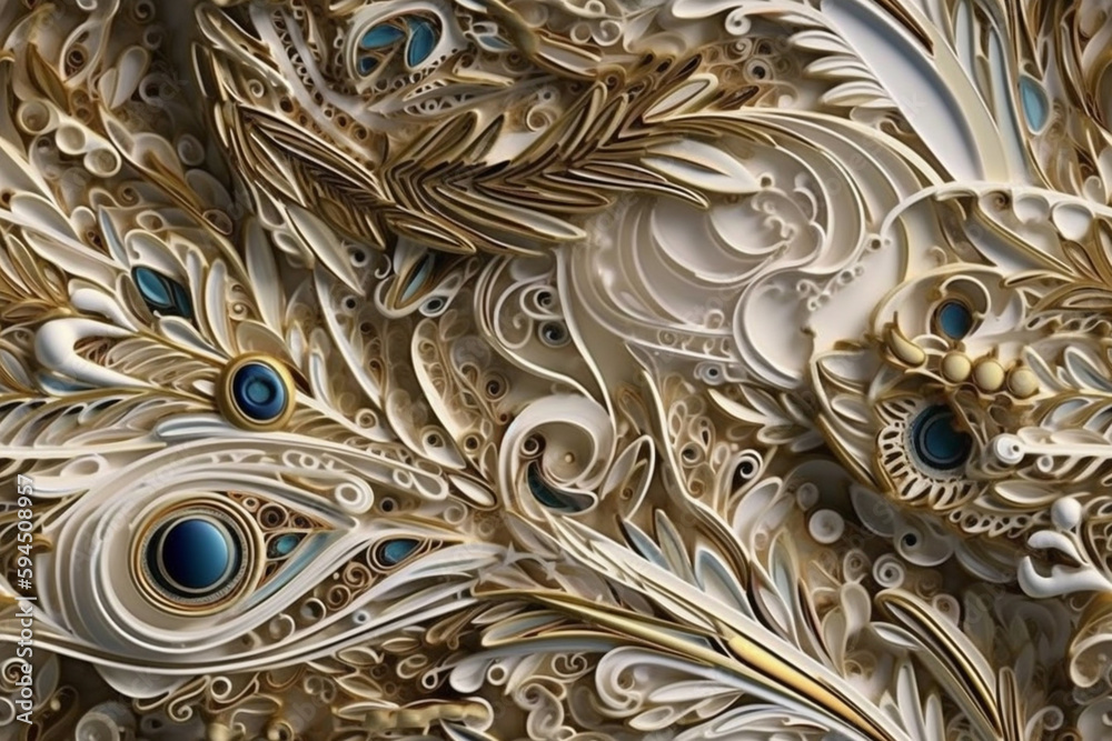 a beautiful 3D design wallpaper of a peacock feathers, using quilling technique, tile image, AI Generative a beautiful 3D design wallpaper of a peacock feathers, using quilling technique, tile image, AI Generative