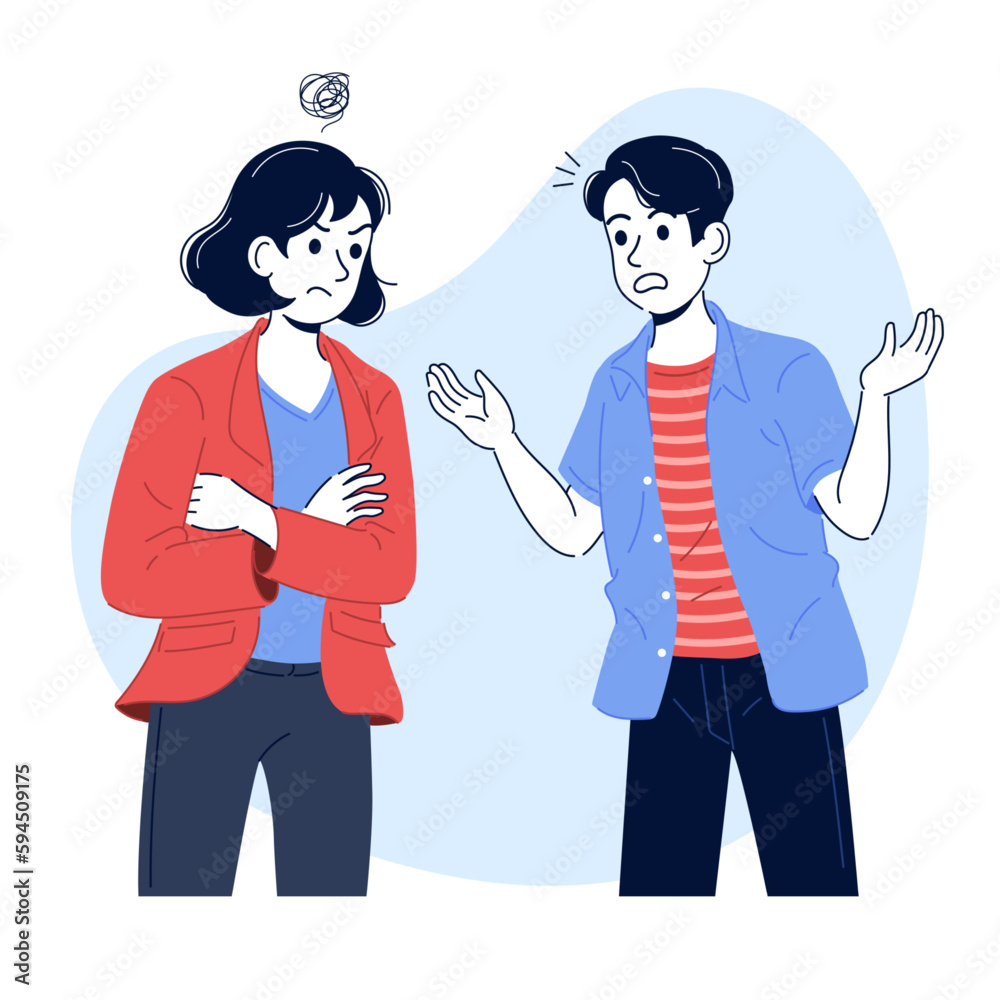 Young man tried to explain the reason to the woman who was angry and dissatisfied. Relationship problem. Hand drawn style vector illustrations isolated on white background Young man tried to explain the reason to the woman who was angry and dissatisfied. Relationship problem. Hand drawn style vector illustrations isolated on white background