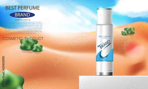 vector illustration white color realistic perfume bottle on the beautiful outdoor podium,use for cosmetic ad design.