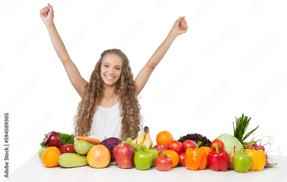 Portrait of a Happy Young Woman with Vegetables and Fruits Portrait of a Happy Young Woman with Vegetables and Fruits