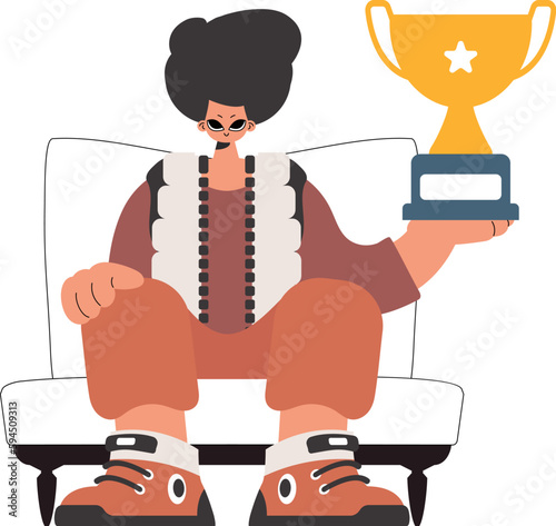 The fellow holds the winner's glass in his hands, disconnected on a white foundation. Trendy style, Vector Illustration