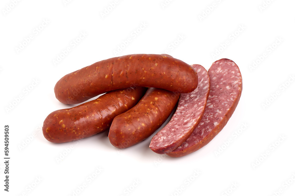 Pork bratwurst sausages, isolated on white background. Pork bratwurst sausages, isolated on white background.