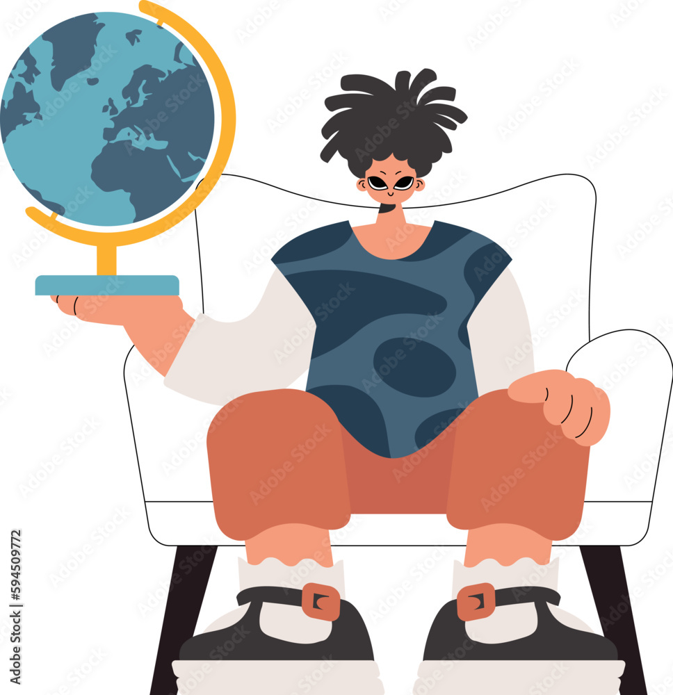 The individual holds a globe in his hands, kept on a white establishment. Trendy style, Vector Illustration