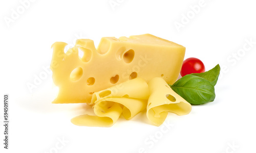 Emmental or maasdam cheese, close-up, isolated on white background.
