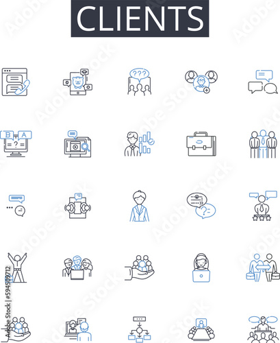 Clients line icons collection. Customers, Patrons, Buyers, Consumers, Visitors, Guests, Shoppers vector and linear illustration. Takers,End-users,Attendees outline signs set