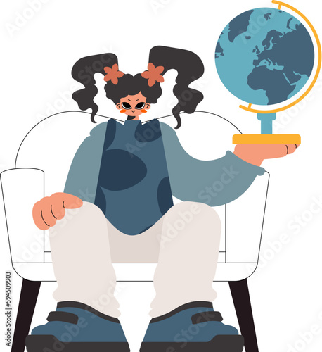 Youthful woman holding a globe in her hands, isolated on white establishment. Trendy style, Vector Illustration