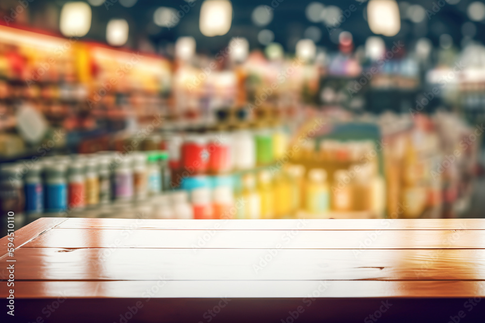 The foreground is the desktop of the wooden board and the vague supermarket background The foreground is the desktop of the wooden board and the vague supermarket background
