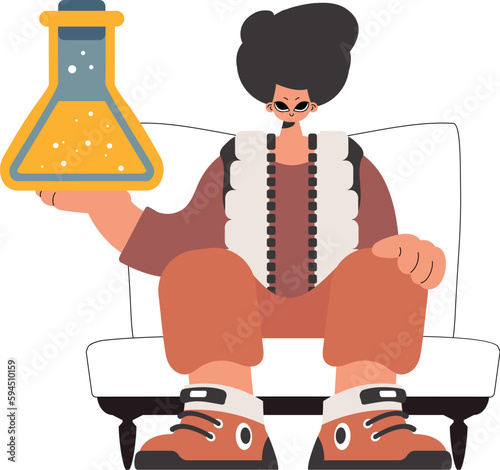 The fellow is holding a chemical jar, confined on a white foundation. Trendy style, Vector Illustration