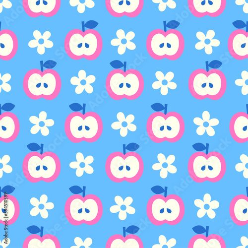 Cute hand drawn apple and flower seamless pattern background.