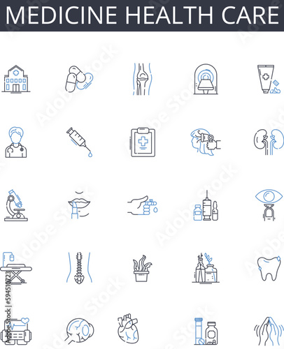 Medicine health care line icons collection. Healthcare, Pharmaceuticals, Nursing, Physicians, Surgery, Therapy, Pharmaceuticals vector and linear illustration. Psychiatry,Dentistry,Rehabilitation