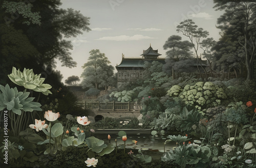 illustration of chinoiserie garden
