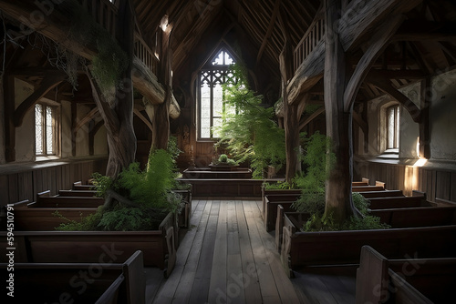 old abandoned wooden church overgrown with trees © Maya Kruchancova