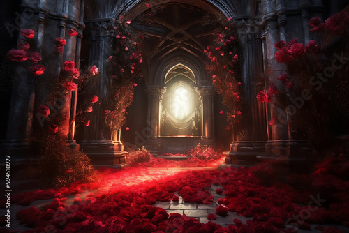 beautiful abandoned ruins covered with red roses