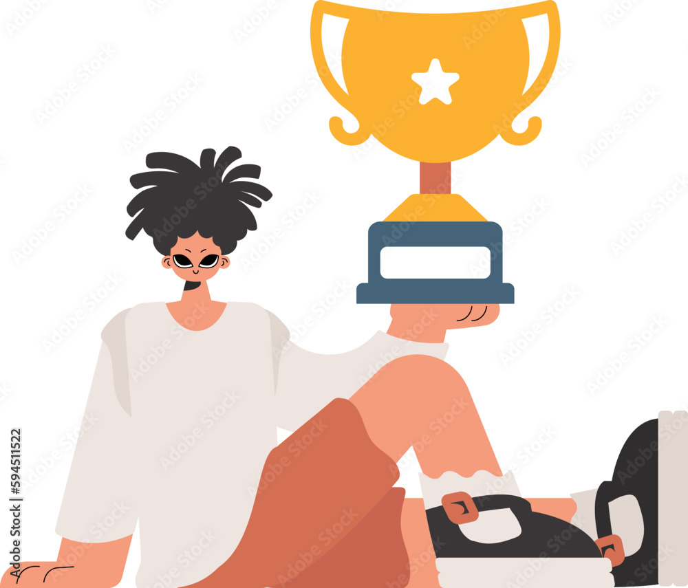 The individual holds the winner's glass in his hands, compelled on a white establishment. Trendy style, Vector Illustration The individual holds the winner's glass in his hands, compelled on a white establishment. Trendy style, Vector Illustration