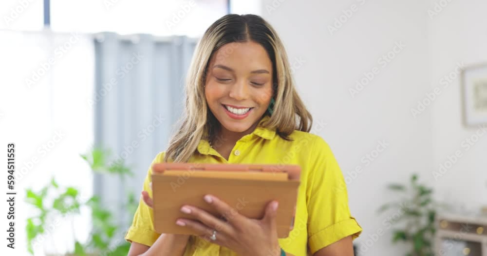 Tablet, pregnancy and woman smile in office for business, social media or online browsing. Pregnant, technology and happy person with touchscreen for web scrolling, research and internet at workplace