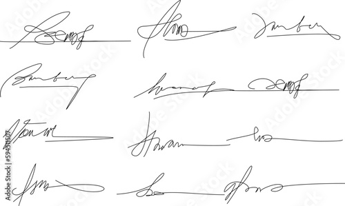 Hand written signature. Different example signatures isolated in white background. Vector illustration set of hand drawn name imprint