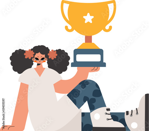 The energized woman holds the glass of the victor in her hands, kept on a white establishment. Trendy style, Vector Illustration