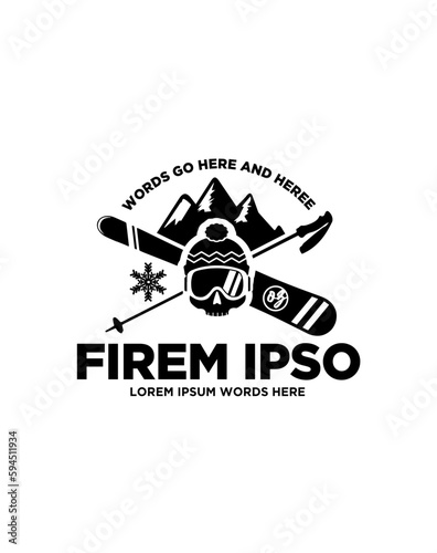 Ski snowboard mountain, ski googles and beanie on skull vector logo, Illustrator file