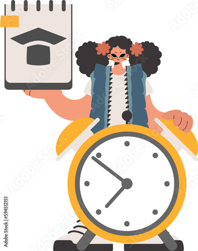 Lively woman with hypothetical and caution clock, detached on white establishment. Trendy style, Vector Illustration